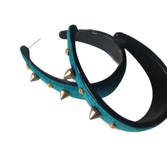 Faux Suede Turquoise Blue Stud spiked Hoop Earrings - Picture 10 of 12